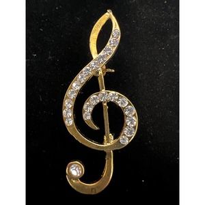 VTG Brooch Treble Clef G-clef Gold Tone Metal Clear Rhinestones Modern Music